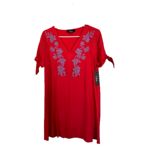 NWOT Lulus Salmon Red embroidered Swing Dress XS purple floral embroidered
